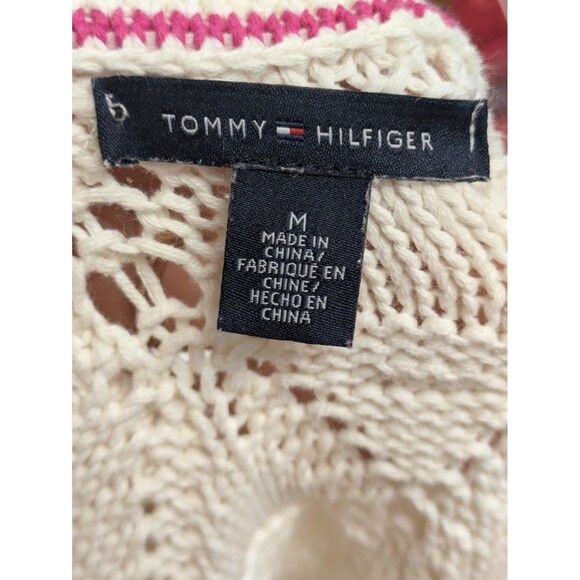 Tommy Hilfiger Ivory Diamond Open Knit Sweater sz M Pom Pom Preppy Classic - Picture 7 of 9